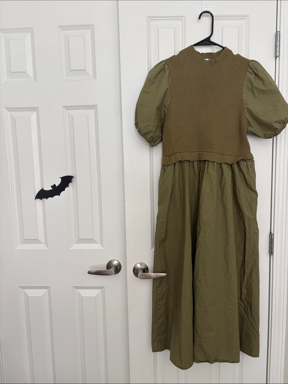 Polagram Olive Puff-Sleeve Dress with Knit Bodice